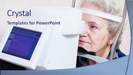  Presentation with optometry - Presentation theme consisting of ophthalmoscope - adult optometry senior woman patient background and a sky blue colored foreground