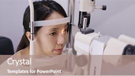  Presentation with eye cataract - Colorful PPT theme enhanced with asian woman do eye test backdrop and a coral colored foreground