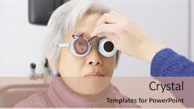  Presentation with eye care - Slides having taking care business - old woman doing eye test background and a coral colored foreground
