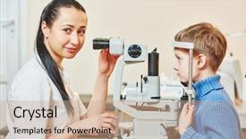  Presentation with eyesight - Amazing PPT layouts having optometrist optician doctor examines eye backdrop and a coral colored foreground