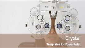  Presentation with test - Slides enhanced with young woman doing eye test background and a coral colored foreground