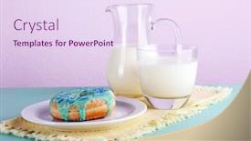  Presentation with table napkin - PPT theme having glazed donut with glass and jug of milk on wooden table with napkin and color white planks background background and a sky blue colored foreground