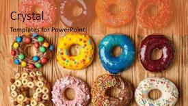  Presentation with donuts - Cool new slide deck with glazed donuts on wooden background backdrop and a red colored foreground