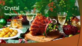  Presentation with sparkling wine - Presentation theme consisting of glazed roast ham with cloves background and a forest green colored foreground