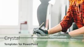  Presentation with glass industry - Presentation design consisting of glazier-woman-worker-cutting-glass background and a mint green colored foreground