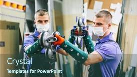  Presentation with face mask - PPT theme featuring glazier-worker-in-face-mask background and a ocean colored foreground