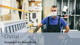  Presentation with face mask - Audience pleasing presentation theme consisting of glazier-worker-in-face-mask backdrop and a light blue colored foreground