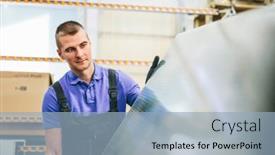  Presentation with glass industry - Colorful slide deck enhanced with glazier-worker-portrait-with-glass backdrop and a light blue colored foreground