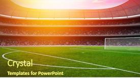  Presentation with green soccer field sport - Theme having gleaming - green soccer stadium illuminated field background and a tawny brown colored foreground