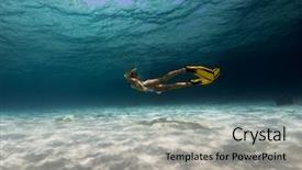  Presentation with woman world - Slide set having gliding - woman freediver explores tropical underwater background and a light gray colored foreground
