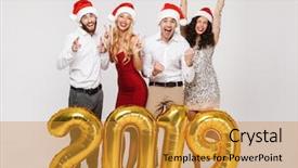  Presentation with new year 2019 - Presentation theme featuring glisten - group of cheerful friends dressed background and a gold colored foreground