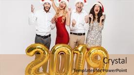  Presentation with new year 2019 - Slides enhanced with glisten - group of cheerful friends dressed background and a gold colored foreground