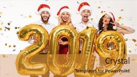  Presentation with new year 2019 - Presentation with glisten - group of happy friends dressed background and a gold colored foreground