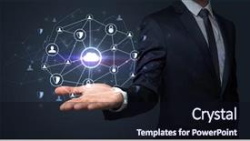 Presentation with networking - Beautiful PPT theme featuring common cofre - businessman holding networking connection concept backdrop and a  colored foreground