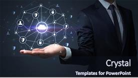  Presentation with networking - PPT theme featuring common cofre - businessman holding networking connection concept background and a  colored foreground