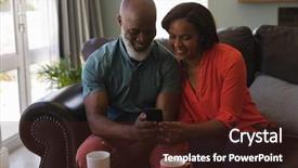  Presentation with aging - Colorful presentation design enhanced with global aging - front view of happy senior backdrop and a wine colored foreground