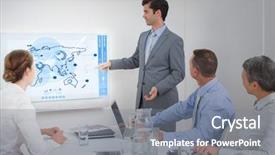  Presentation with interface - Cool new PPT layouts with global business interface against businessman backdrop and a gray colored foreground