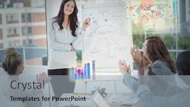  Presentation with coworkers - Slide set featuring global business interface against coworkers clapping for woman after presentation background and a light gray colored foreground
