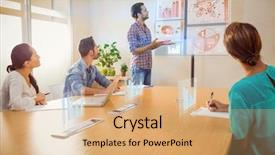  Presentation with business laptops globe - Colorful PPT layouts enhanced with global business interface against creative backdrop and a coral colored foreground