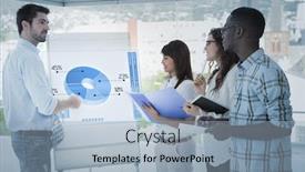  Presentation with coworkers - Slide set with global business interface against man presenting and coworkers taking notes background and a light blue colored foreground