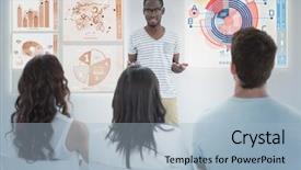  Presentation with interface - Presentation theme featuring global business interface against smiling businessman presenting at his colleagues background and a light blue colored foreground