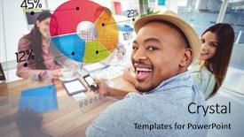  Presentation with team working together - Beautiful PPT theme featuring global business interface against young creative team working together backdrop and a light blue colored foreground