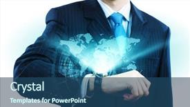  Presentation with innovations - PPT theme enhanced with global business money - businessman looking at wristwatch media background and a ocean colored foreground