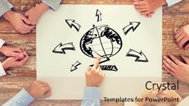  Presentation with team work - Cool new presentation theme with pointing finger to globe backdrop and a coral colored foreground