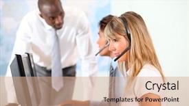  Presentation with front office hotel - Presentation enhanced with global business services - office people working in front background and a coral colored foreground