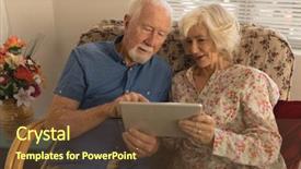  Presentation with senior citizen - Colorful slide deck enhanced with global citizen - front view of happy senior backdrop and a tawny brown colored foreground