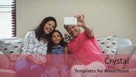  Presentation with living room family - Audience pleasing slides consisting of global citizen - happy family taking a selfie backdrop and a coral colored foreground