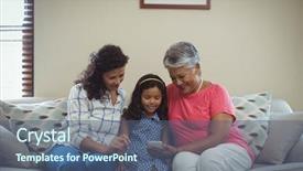  Presentation with living room family - Slides featuring global citizen - happy family using mobile phone background and a ocean colored foreground