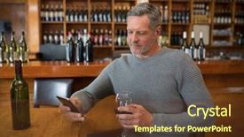  Presentation with restaurant - Amazing slide set having global citizen - smiling senior man using mobile backdrop and a tawny brown colored foreground