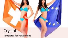  Presentation with blue global - Colorful presentation design enhanced with global citizenship - collage young beautiful brunette women backdrop and a coral colored foreground