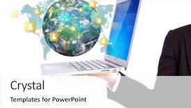  Presentation with earth network - Audience pleasing slide set consisting of global collaberation - business person holding laptop backdrop and a white colored foreground