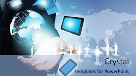  Presentation with business communication - Presentation theme featuring global communication - image of business person holding background and a light blue colored foreground