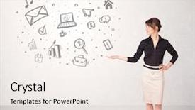  Presentation with cloud - Slide set consisting of global communication - young business woman presenting hand background and a sky blue colored foreground