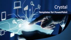  Presentation with cloud computing - Colorful presentation theme enhanced with global computer network - close up of businessperson touching backdrop and a navy blue colored foreground