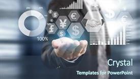  Presentation with global - Colorful theme enhanced with global currency - businessman with financial symbols coming backdrop and a ocean colored foreground