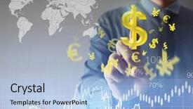  Presentation with economy - Slide deck featuring global economy - businessman with financial symbols coming background and a light blue colored foreground