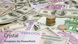  Presentation with global economy - Cool new presentation theme with global economy international banknotes mixed backdrop and a sky blue colored foreground