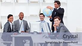  Presentation with computers - Amazing slides having global expansion - smiling manager holding a terrestrial backdrop and a light blue colored foreground