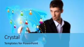  Presentation with network social media sns internet - Cool new presentation theme with global family - man hand pressing social network backdrop and a light blue colored foreground