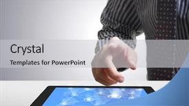  Presentation with touch screen - Beautiful slide deck featuring global finance - hands are pointing on touch backdrop and a light gray colored foreground