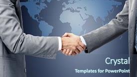  Presentation with handshake - Presentation theme having global finance - handshake over world map background and a ocean colored foreground