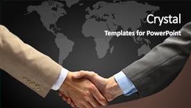  Presentation with peace treaty handshake map - Slide deck featuring global finance - handshake with map background and a dark gray colored foreground