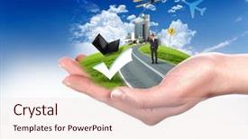  Presentation with green city - Presentation theme featuring global hands - human hand holding a city background and a lemonade colored foreground