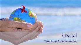  Presentation with red globe - Theme with global health - closeup of the hands background and a light blue colored foreground