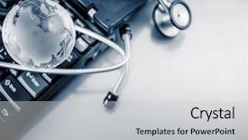  Presentation with 3d character blue globe - Presentation with global health - glass globe and stethoscope background and a light gray colored foreground