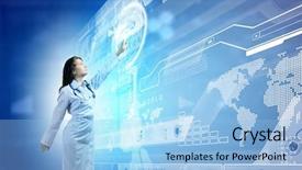 Presentation with media image - PPT theme having global health - image of young woman doctor background and a light blue colored foreground